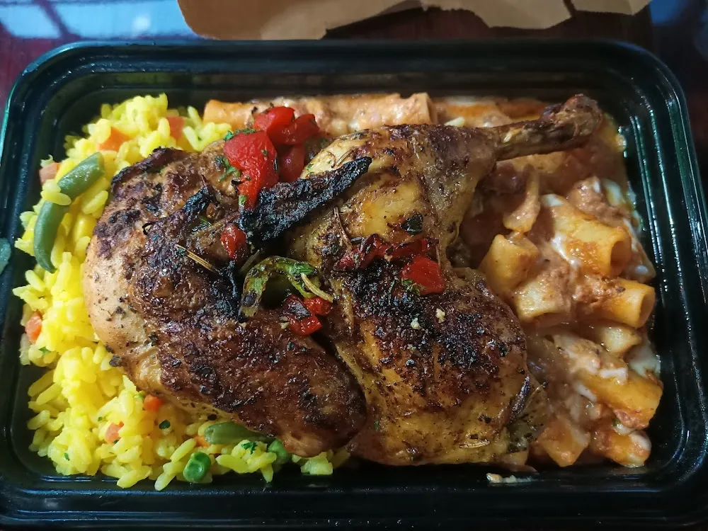 Roasted Chicken Special with Baked Ziti and Rice